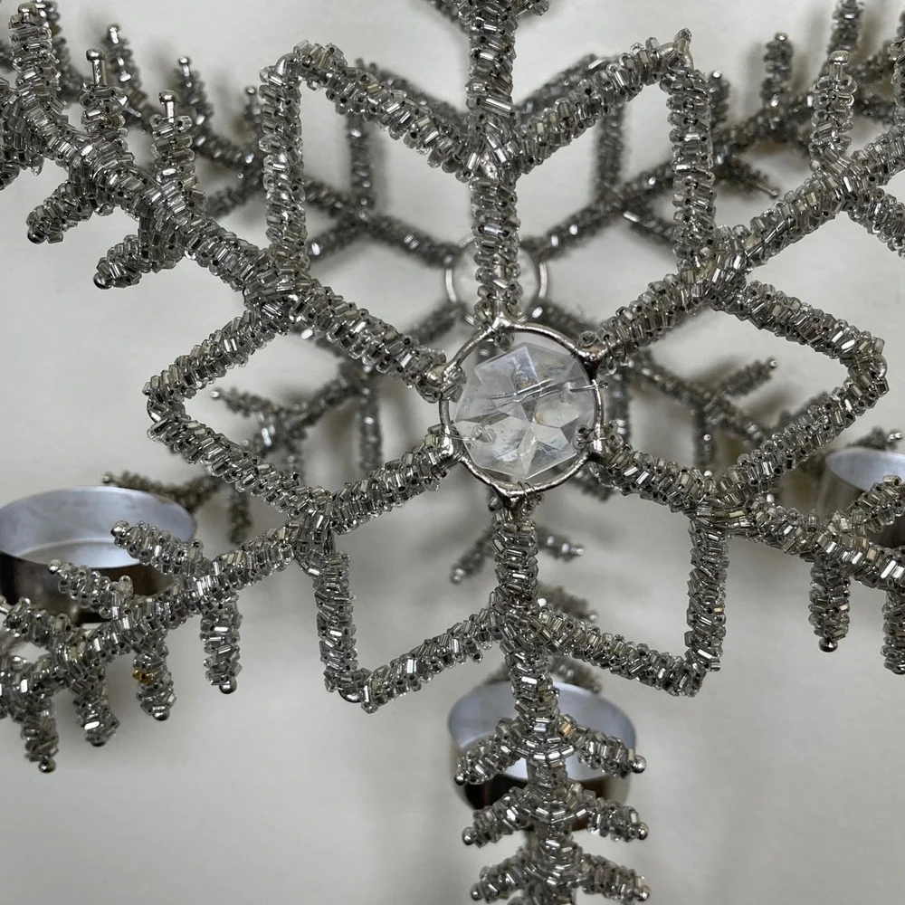 Beaded Silver Snowflake‎ Candelabra Tealight Holder Hanging Christmas Winter